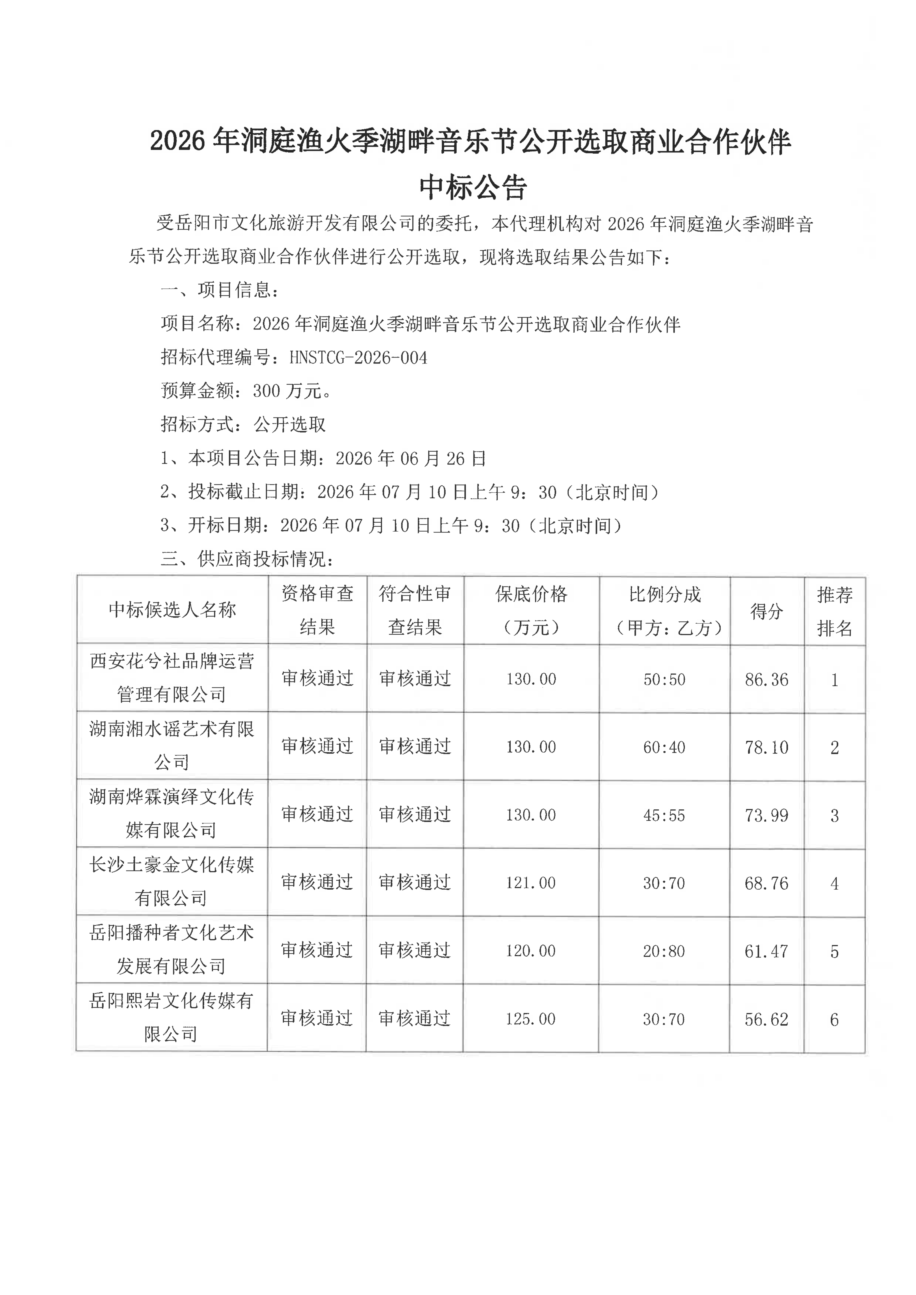 2026年洞庭渔火季湖畔音乐节公开选取商业合作伙伴中标公告